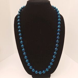 LAGUNA RARE COLOR TEAL SIGNED NECKLACE glass beads 30" blue vintage MCM